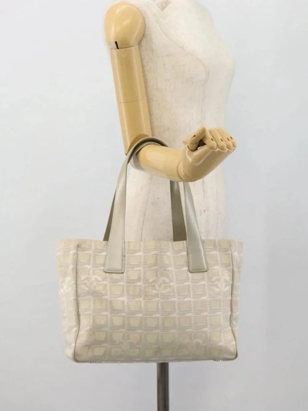 CHANEL New Travel Line Tote Bag Nylon Beige Silver CC Auth 180920